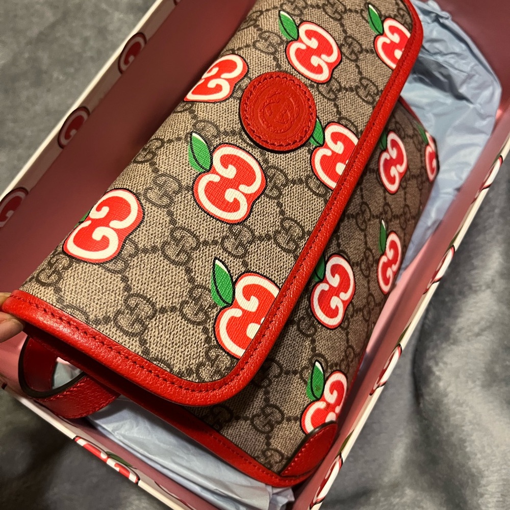 Gucci Brown and Red Apple Pattern Clutch